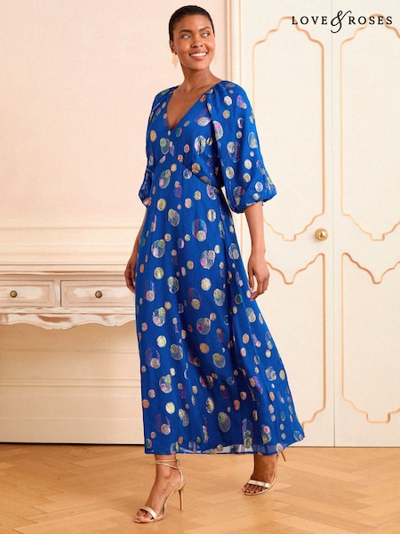 Love & Roses Cobalt Blue Spot Metallic Puff Sleeve Midi Dress (W23394) | OMR44