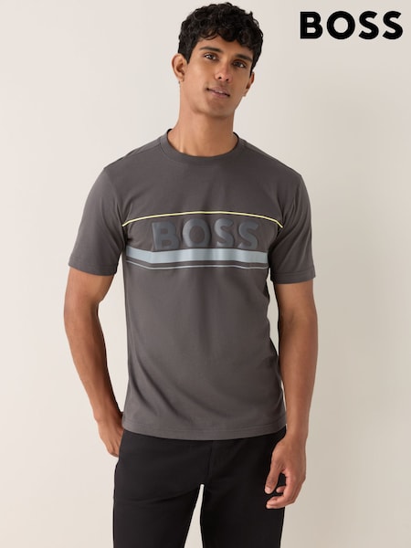 BOSS Grey Embossed Logo Stripe Detail T-Shirt (W23564) | 335 QAR