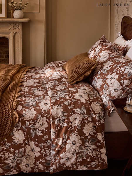 Laura Ashley Chocolate Brown Peony Garden Floral 100% Cotton Duvet Cover and Pillowcase Set (W23732) | €57 - €106