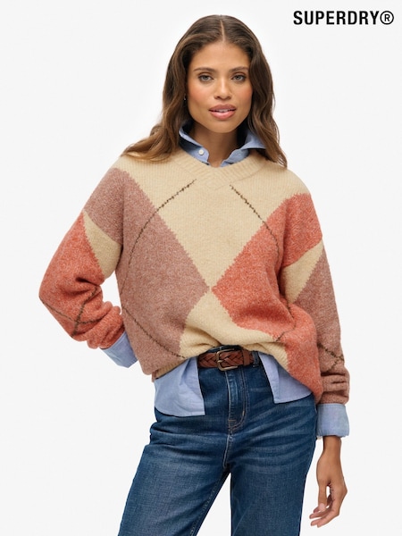 Superdry Cream Oversized Argyle V-Neck Jumper (W23771) | 297 QAR