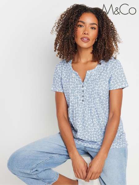 M&Co Light Blue Shells Short Sleeve 100% Cotton Henley Top (W23953) | €26