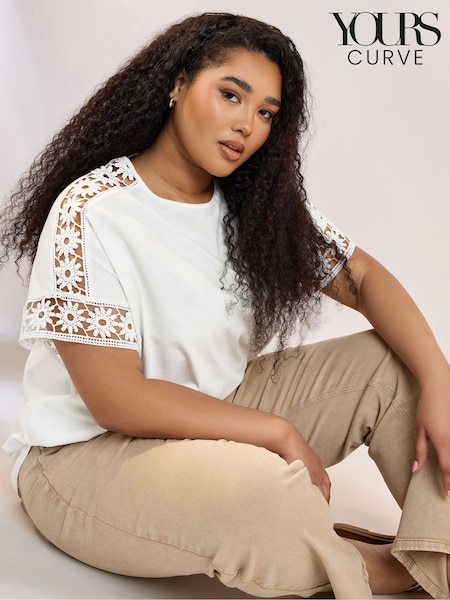 Yours Curve White Boxy Crochet Insert 100% Cotton T-Shirt (W23966) | $35
