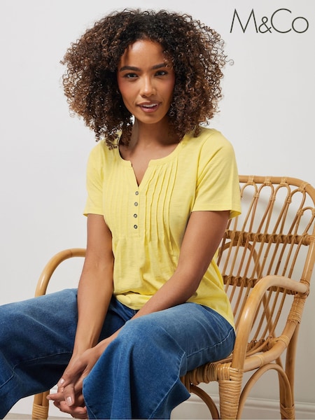 M&Co Light Yellow Short Sleeve 100% Cotton Henley Top (W23969) | 1,262 UAH