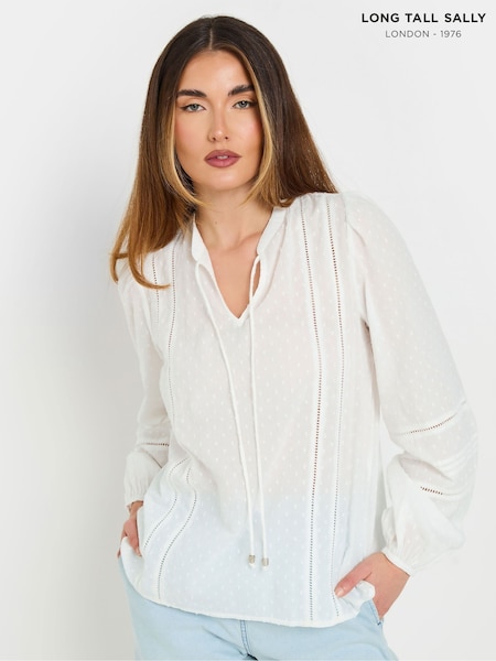 Long Tall Sally White Dobby Tie Neck 100% Cotton Blouse (W23977) | ₪166