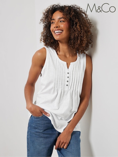 M&Co White Sleeveless 100% Cotton Henley Vest (W23986) | AED116