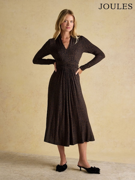 Joules Mina Brown Jersey Ruched Waist Long Sleeve V-Neck Midi Dress (W24028) | €58.95