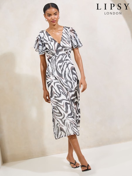 Lipsy Zebra Printed Chiffon Flutter Sleeve Woven Midi Dress (W24252) | € 63