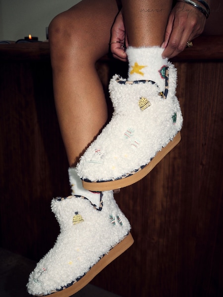 Never Fully Dressed Cream Embroidery Slipper Boots (W24277) | €45