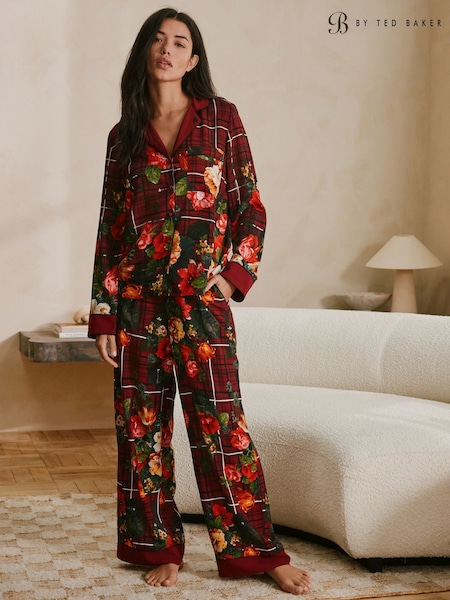B by Ted Baker Burgundy Red Check Floral Button Through Pyjamas (W24303) | AED353