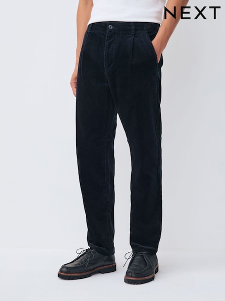 Navy Slim Fit Corduroy Single Pleated Trousers (W24364) | €42