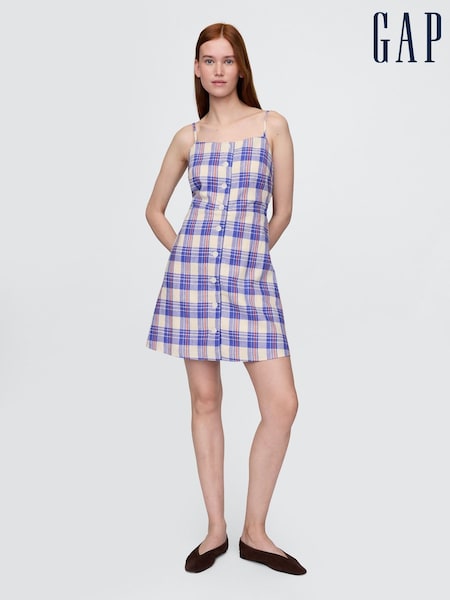 Gap Blue Check Linen-Blend Tie-Back Mini Dress (W24378) | €99