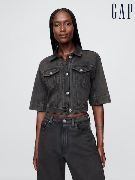 Черный - Gap Heavyweight French Terry Denim Cropped Jacket (W24404) | €66