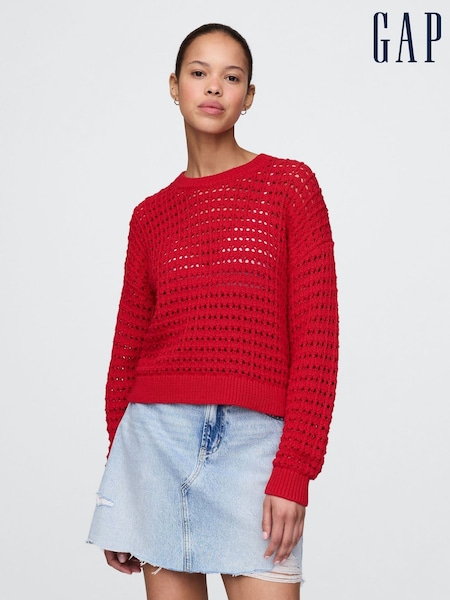 Gap Red 100% Cotton Oversized Crochet Crew Neck Jumper (W24412) | €52