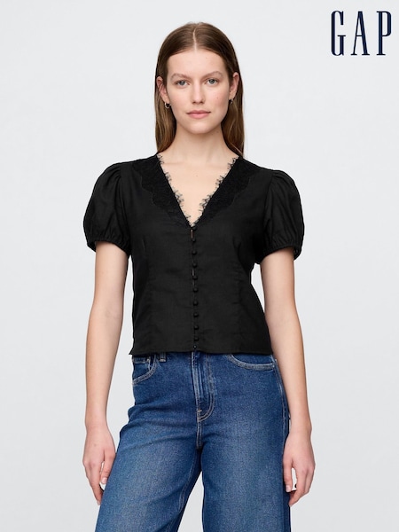 Gap Black Linen-Blend Lace V-Neck Top (W24419) | €70