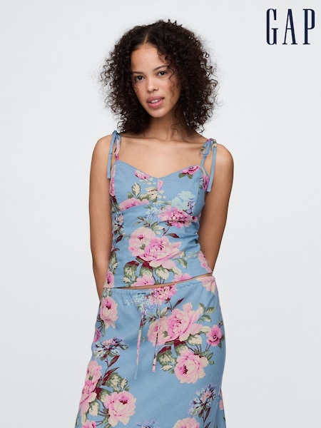 Gap Blue Floral Linen-Blend Tie-Strap Tank Top (W24437) | €52