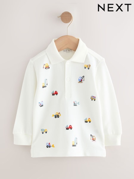 White Digger All-Over Embroidered Long Sleeve Polo Shirt (3mths-7yrs) (W24472) | 59 QAR - 69 QAR