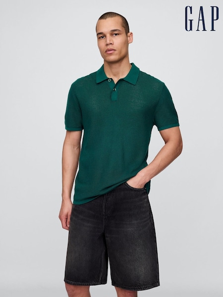 Gap Dark Green Textured Crochet Short Sleeve Polo Shirt (W24589) | €46
