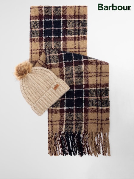 Barbour® Beige Saltburn Pom Beanie Hat & Scarf Gift Box Set (W24620) | €69