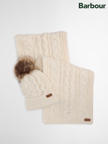 Barbour® Cream Penshaw Pom Beanie Hat & Scarf Gift Box Set (W24636) | €77