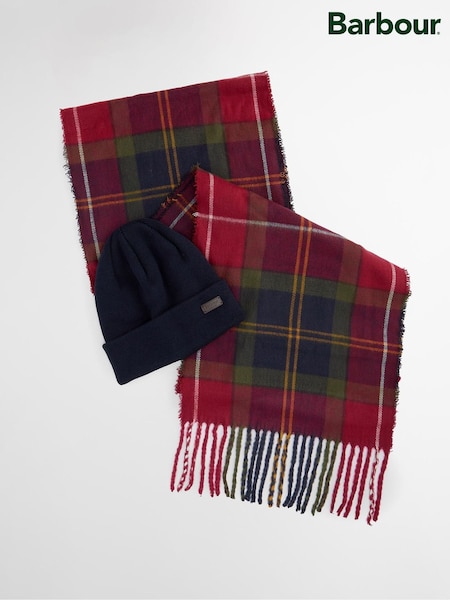 Barbour® Red Tartan Swinton Beanie Hat & Scarf Gift Box Set (W24659) | €73