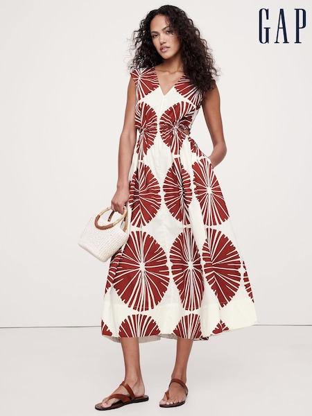 Banana Republic Red/White Print Cotton Poplin Side Cut-Out Midi Dress (W24676) | €144