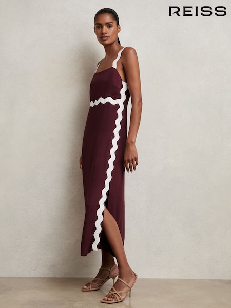 Reiss Burgundy Asher Wave-Trim Crepe Midi Dress (W24708) | €285