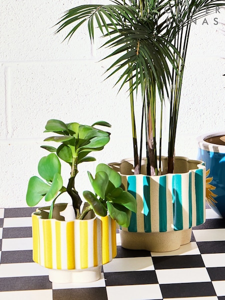Oliver Bonas Yellow Joya Scalloped Stripe Medium Plant Pot (W24738) | €34