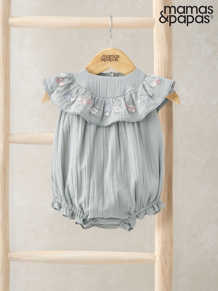 Mamas & Papas Grey Floral Embroidered Frill Shortie 100% Cotton Romper (W24749) | 216 LEI