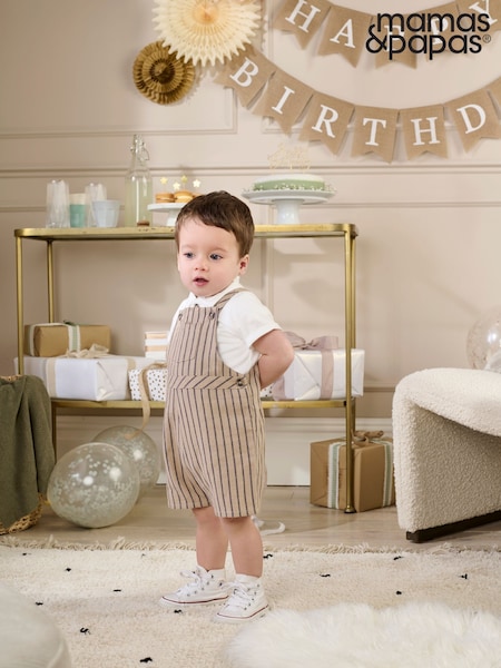 Mamas & Papas Collar 100% Cotton Brown T-Shirt & Stripe Dungaree Set (W24751) | €44