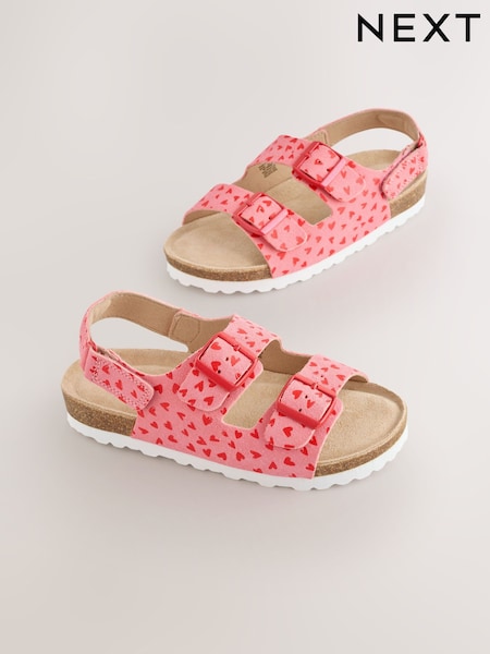 Pink Suede Heart Print Wide Fit (G) Touch Fastening Strap Corkbed Sandals (W24793) | 94 QAR - 129 QAR