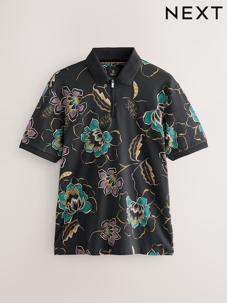 Black Floral Short Sleeve Print Polo Shirt (W24848) | €37