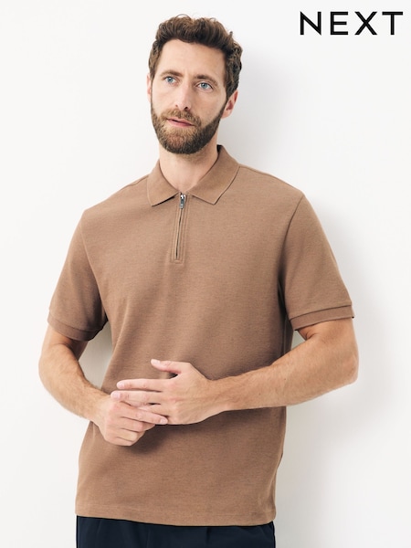 Neutral Brown Textured Smart Zip Neck Polo Shirt (W24861) | AED87