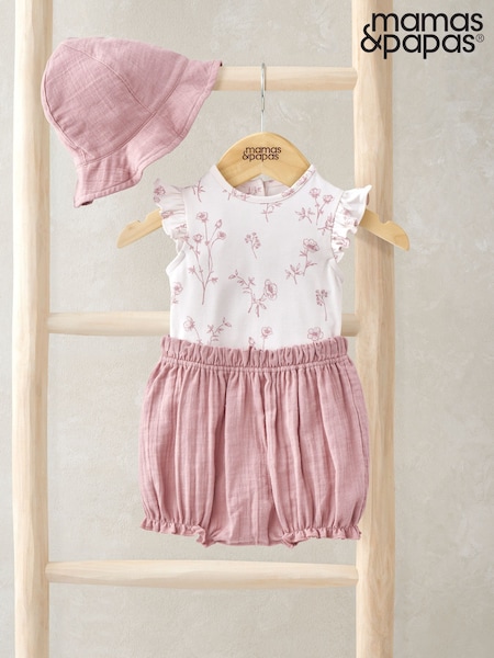 Mamas & Papas Sprigs Print 100% Cotton White Bodysuit, Bloomer & Hat Outfit Set (W24879) | kr357