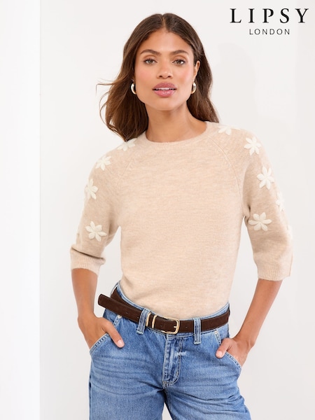 Lipsy Neutral Embroidered Flower Crew Neck 3/4 Sleeve Knitted Jumper (W24889) | €56