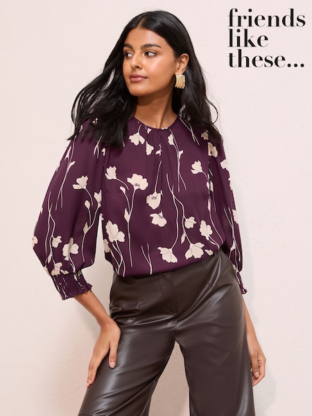 Friends Like These Burgundy Floral Print Petite 3/4 Sleeve Shirred Cuff Blouse (W24937) | €45