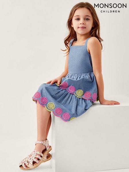 Monsoon Blue Chambray Broderie Tiered 100% Cotton Dress (W24968) | R$ 315 - R$ 365