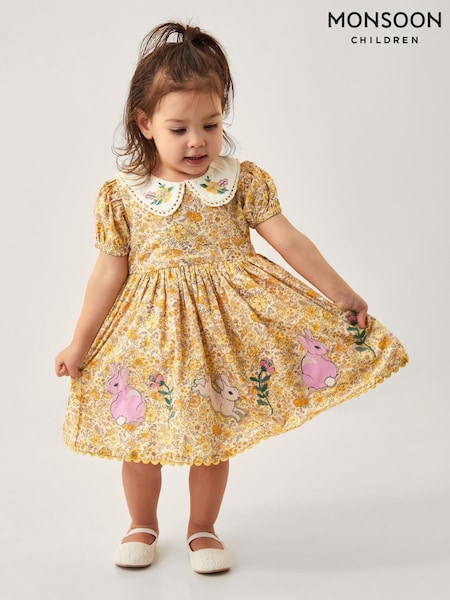 Monsoon Yellow Baby Bunny Applique Floral Dress (W24972) | €48 - €54