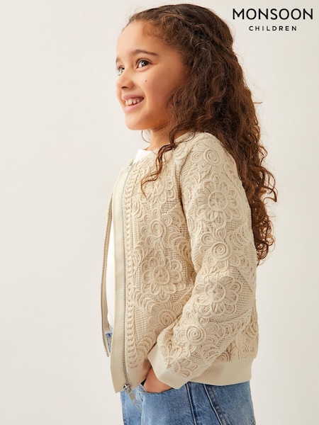 Monsoon Cream 100% Cotton Crochet Bomber Jacket (W24984) | €59 - €67