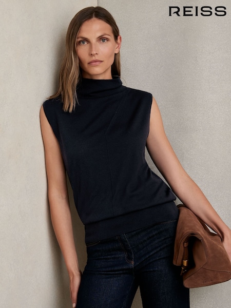 Reiss Navy Harper Wool Slouched Sleeveless Top (W25002) | €95