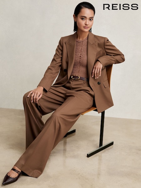 Reiss Tan Solene Petite Wool-Blend Wide-Leg Suit Trousers (W25005) | €242