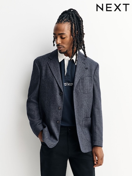 Navy Blue Regular Fit Wool Rich Herringbone Blazer (W25030) | €112