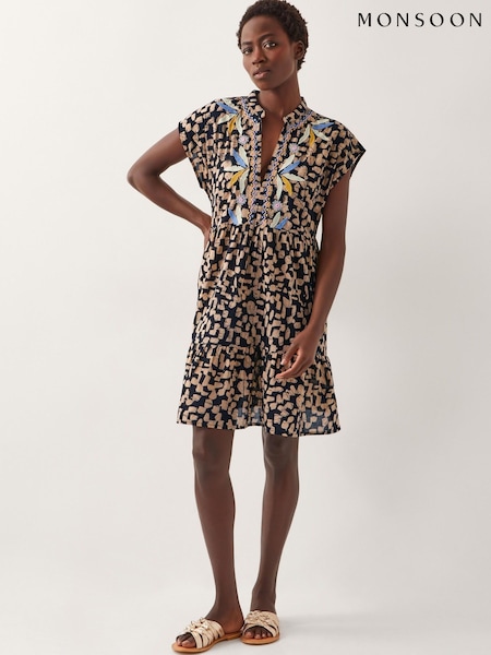 Monsoon Black Ania Embroidered Batik Mini Dress (W25036) | €99