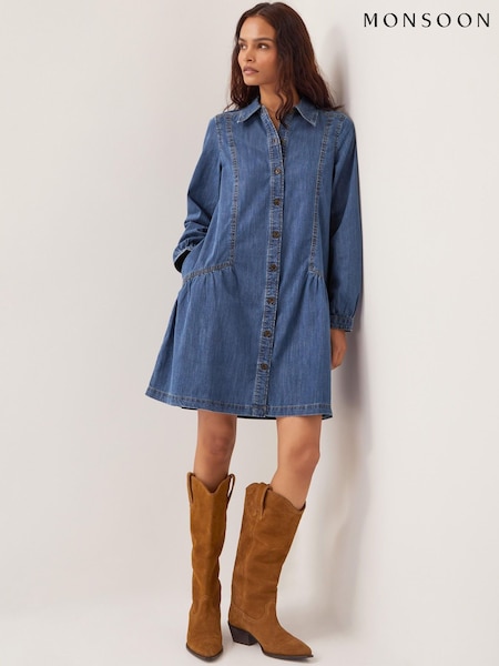 Monsoon Blue Isla Denim Shirt 100% Cotton Dress (W25054) | ₪377