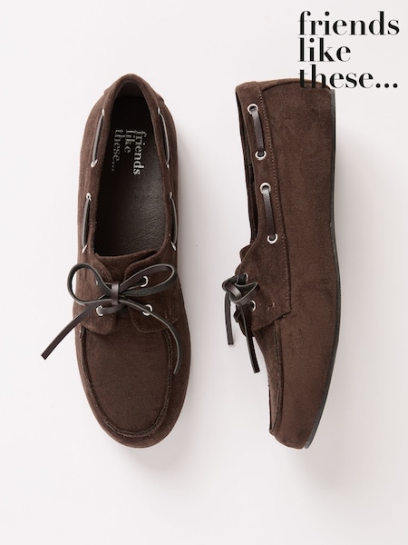 بني - Friends Like These Slim Lace-Up Faux Suede Boat Shoe Loafers (W25077) | ‏204 د.إ.‏