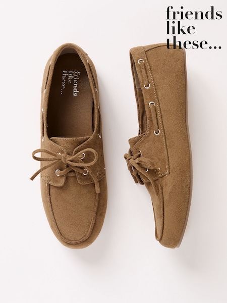 رمادي بني - Friends Like These Slim Lace-Up Faux Suede Boat Shoe Loafers (W25079) | ‏204 د.إ.‏