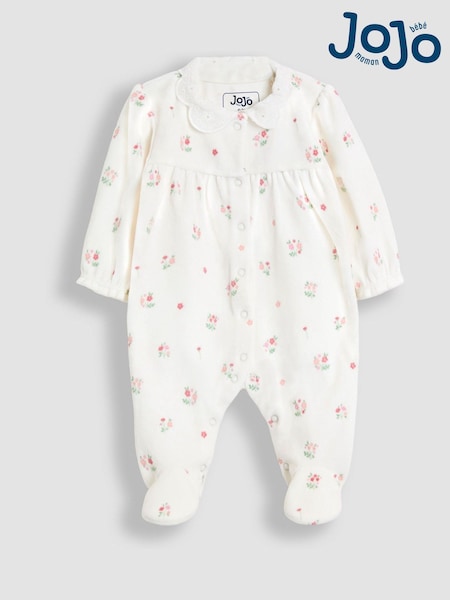 JoJo Maman Bébé Cream Ditsy Floral Velour Collared All-In-One (W25137) | AED140