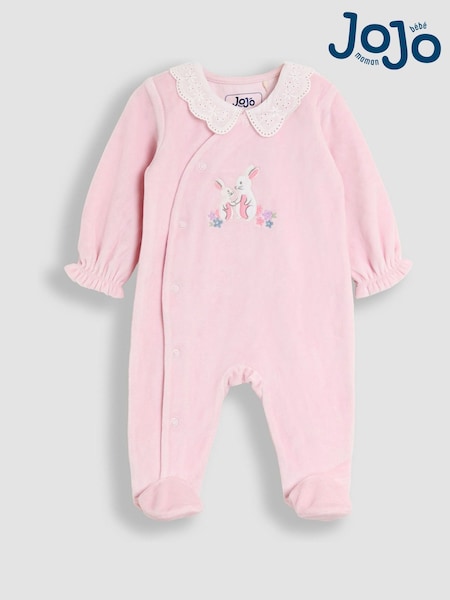 JoJo Maman Bébé Pale Pink Bunny Appliqué Velour Collared All-In-One (W25158) | AED140