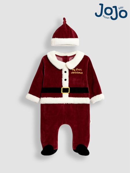 JoJo Maman Bébé Red Santa My First Christmas Velour All-In-One & Hat Set (W25175) | €36.50