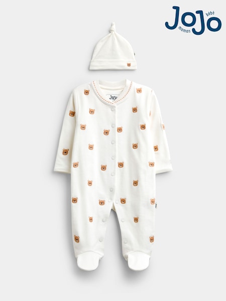 Cream Bear Embroidered - Jojo Maman Bébé Organic Cotton Sleepsuit & Hat Set