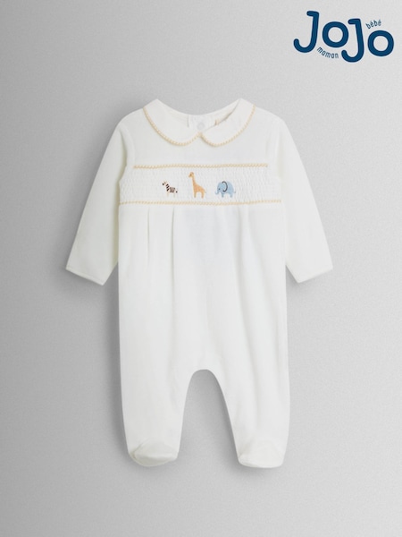 JoJo Maman Bébé Cream Safari Smocked Velour Footed All- In- One (W25181) | R$ 235